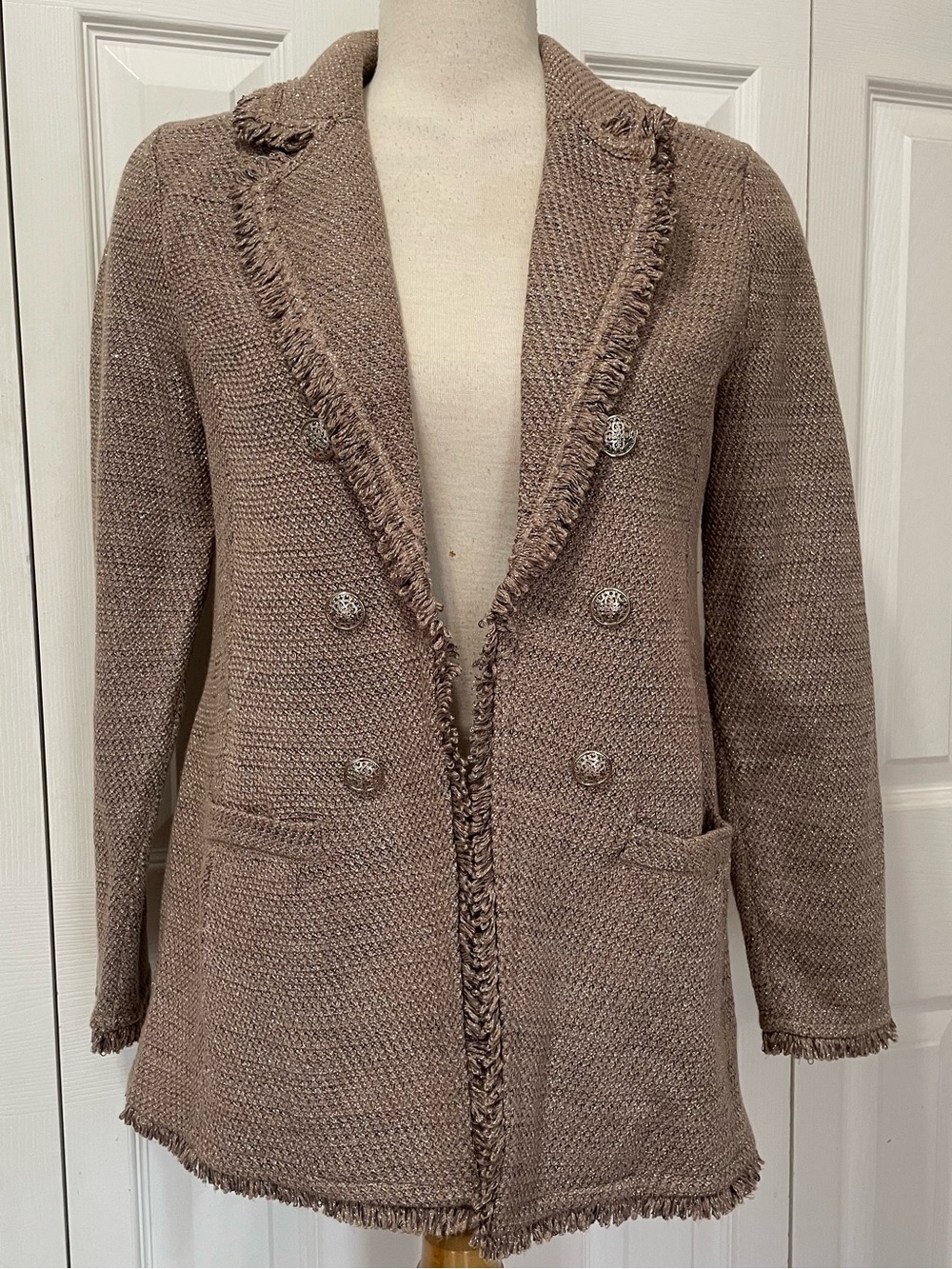 Chico's Taupe Tailored Fringed Double-Breasted Knit Blazer